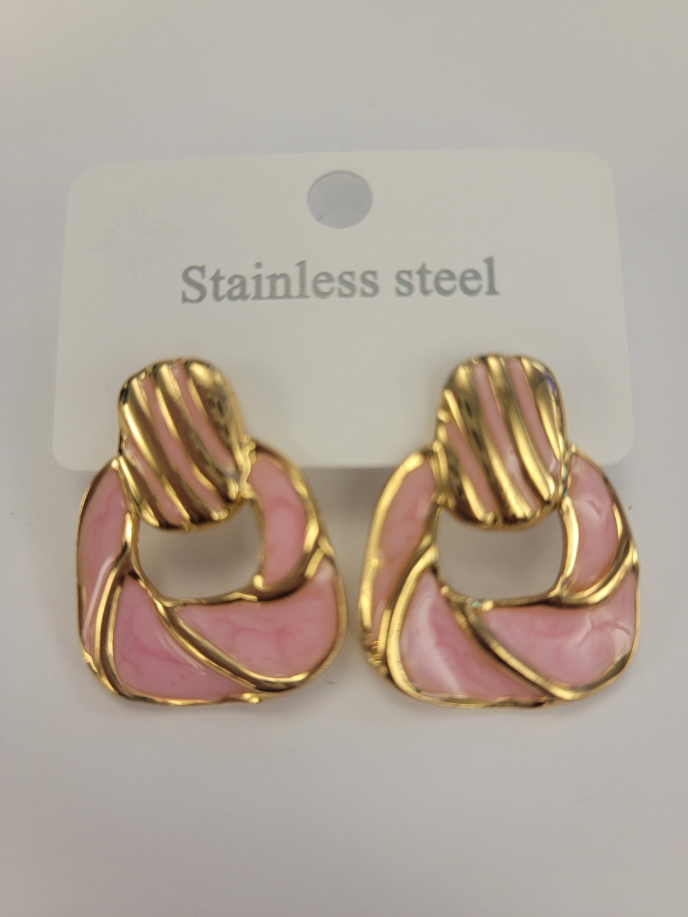 Fashion Jewelry Pink and Gold Twisted Enamel Drop Earrings